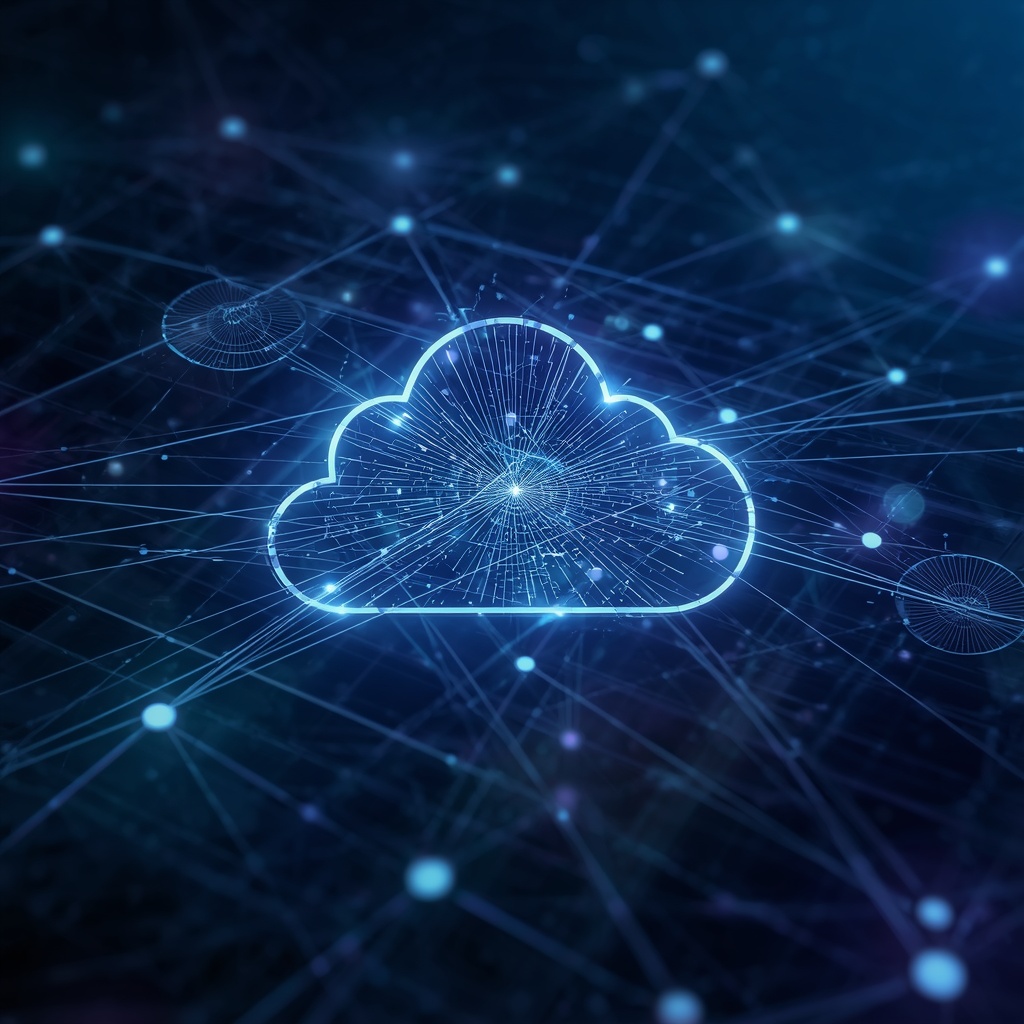 Cloud technology visualization with data streams and digital connections